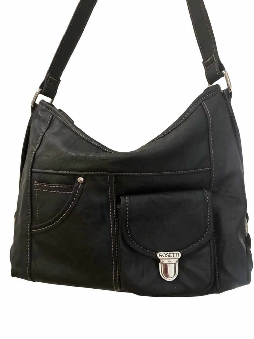 Rosetti Black Faux-Leather Shoulder/Hobo Bag with Front Flap Pocket